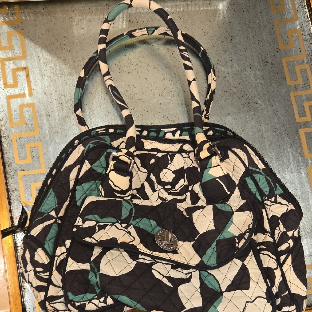 Vera Bradley Black and Green Shoulder Bag with Floral Design